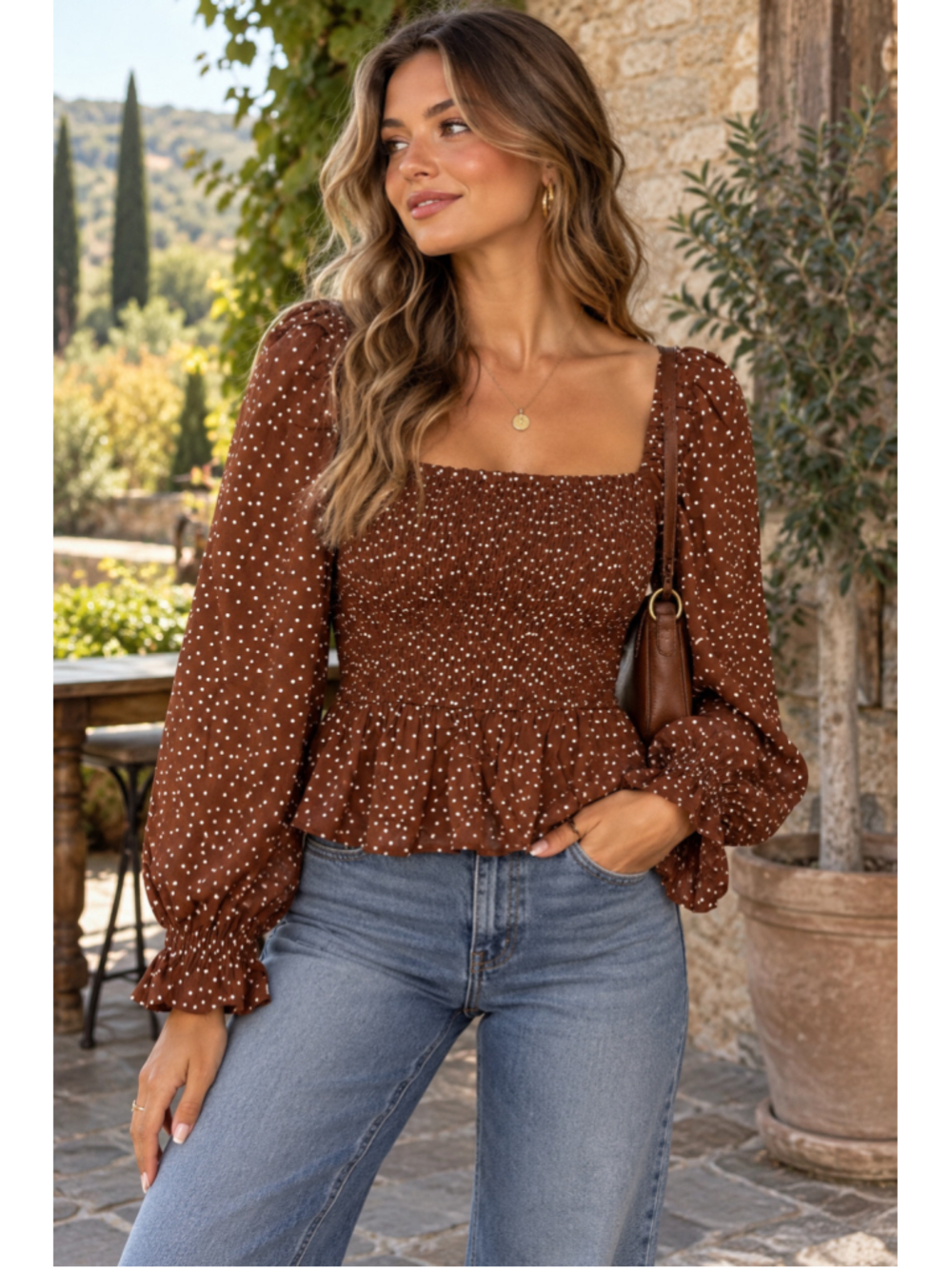Dizzy Lizzy Mellie Smocked Long Sleeve Top Brown Polka Dot Size S NWT